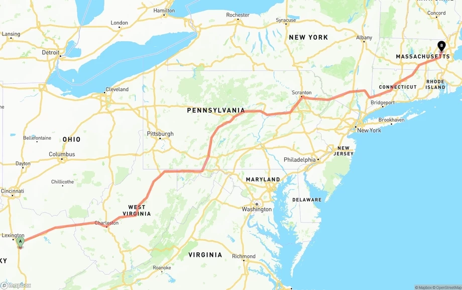 Kentucky to Massachusetts freight shipping route map