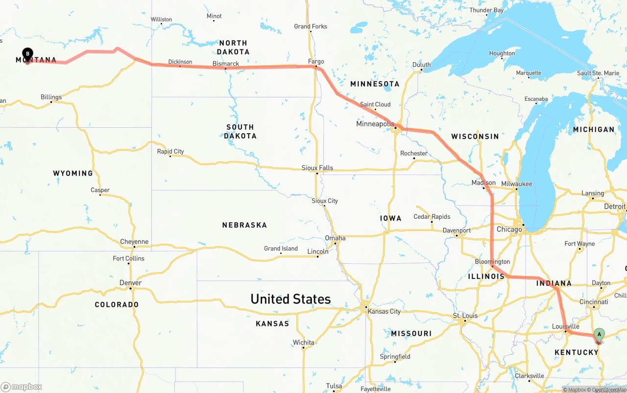 Shipping route from Kentucky to Montana