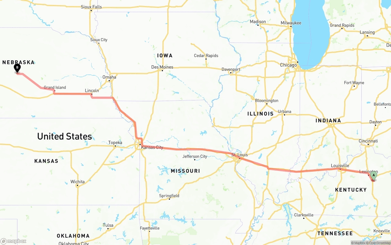 Shipping route from Kentucky to Nebraska