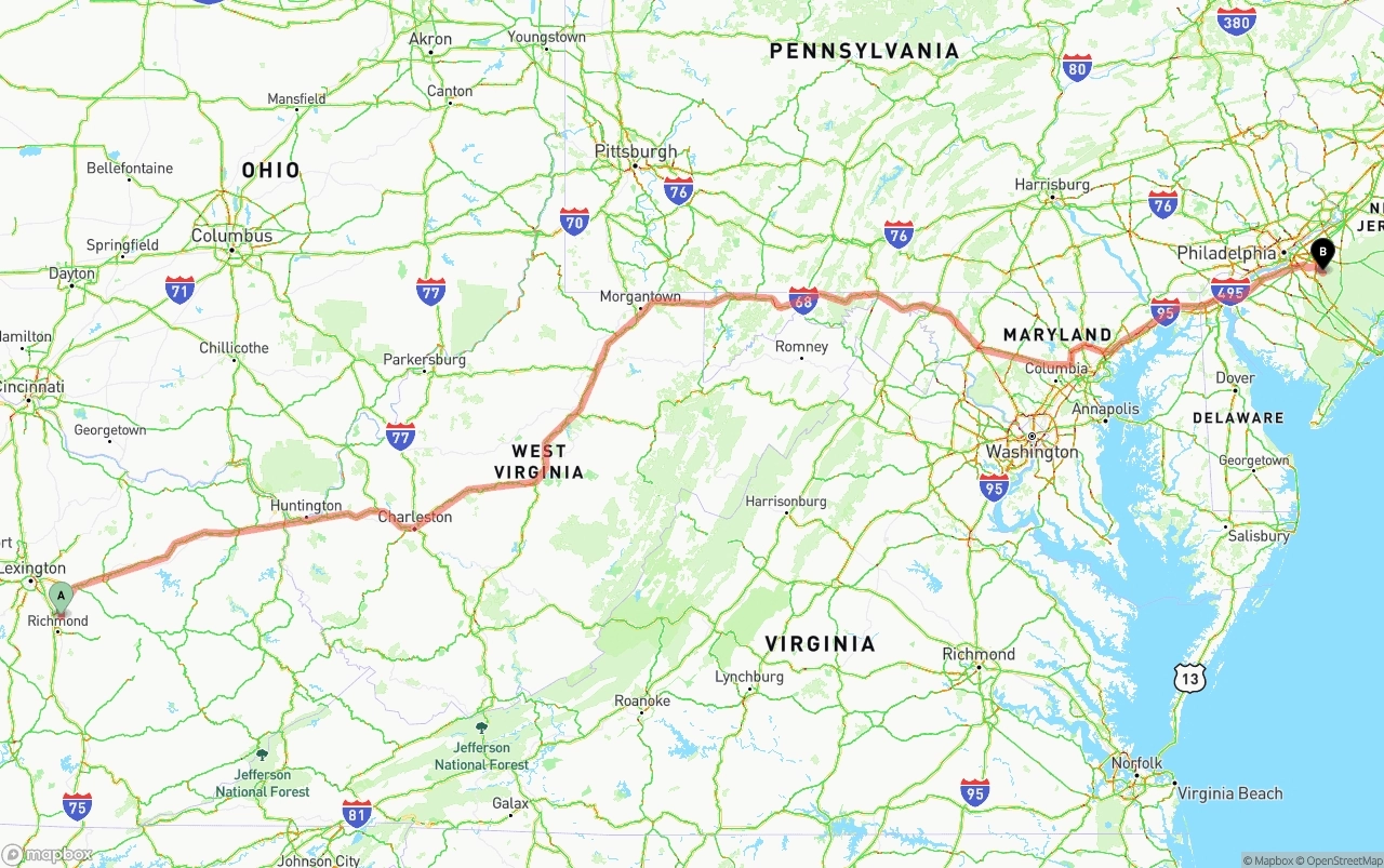 Shipping route from Kentucky to New Jersey