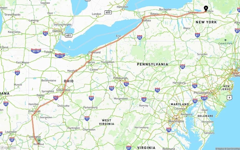 Kentucky to New York freight shipping route map