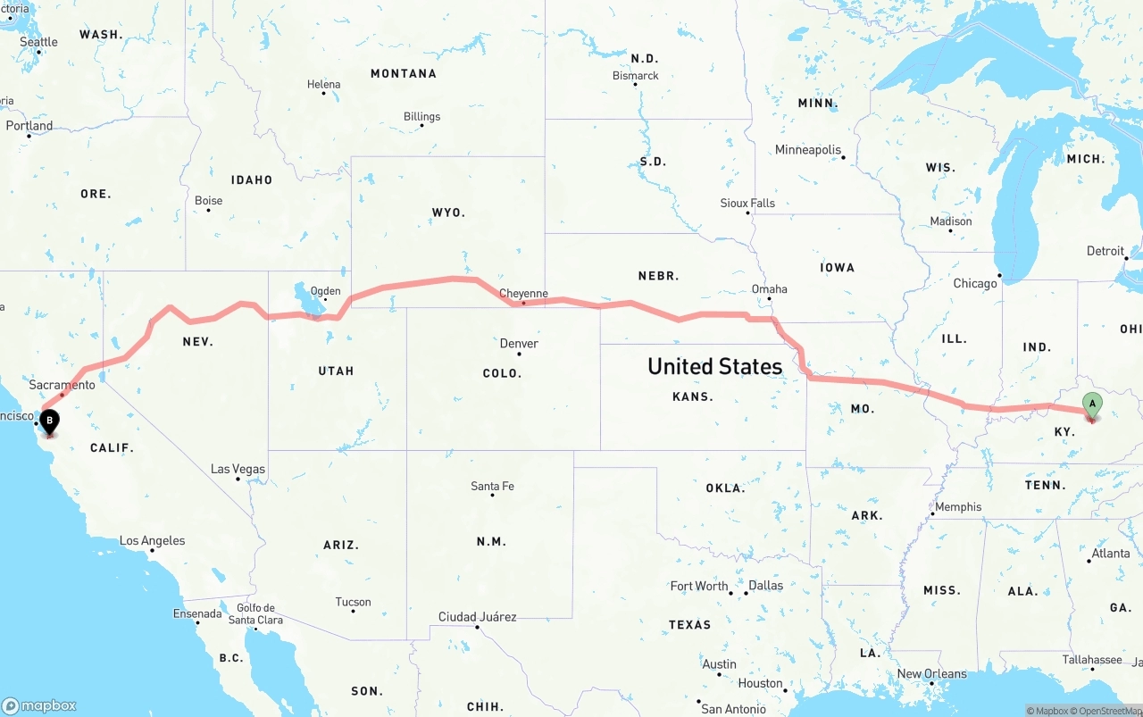 Shipping route from Kentucky to Norman Y. Mineta San Jose International Airport