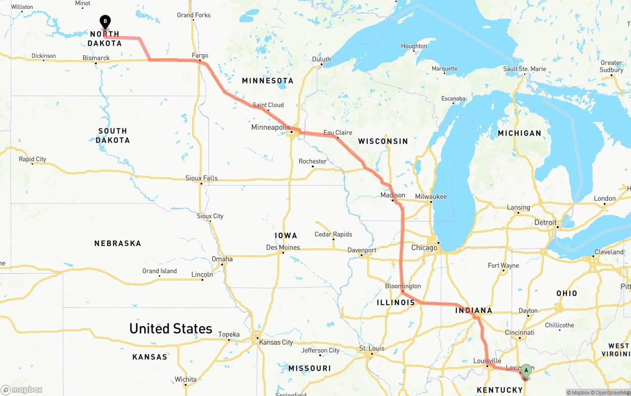 Shipping route from Kentucky to North Dakota