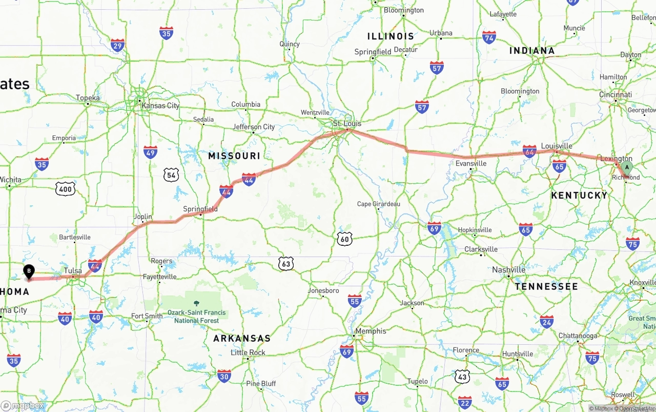 Shipping route from Kentucky to Oklahoma