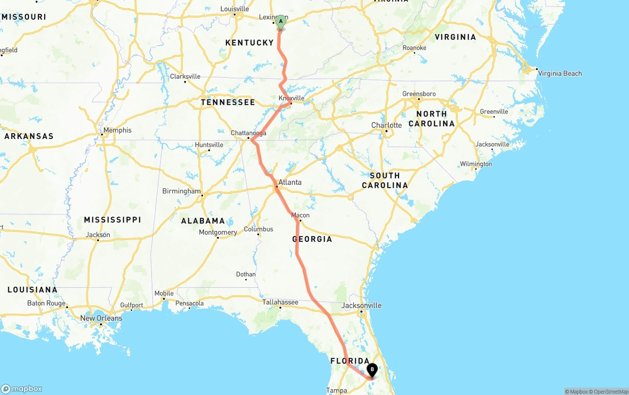 Shipping route from Kentucky to Orlando International Airport