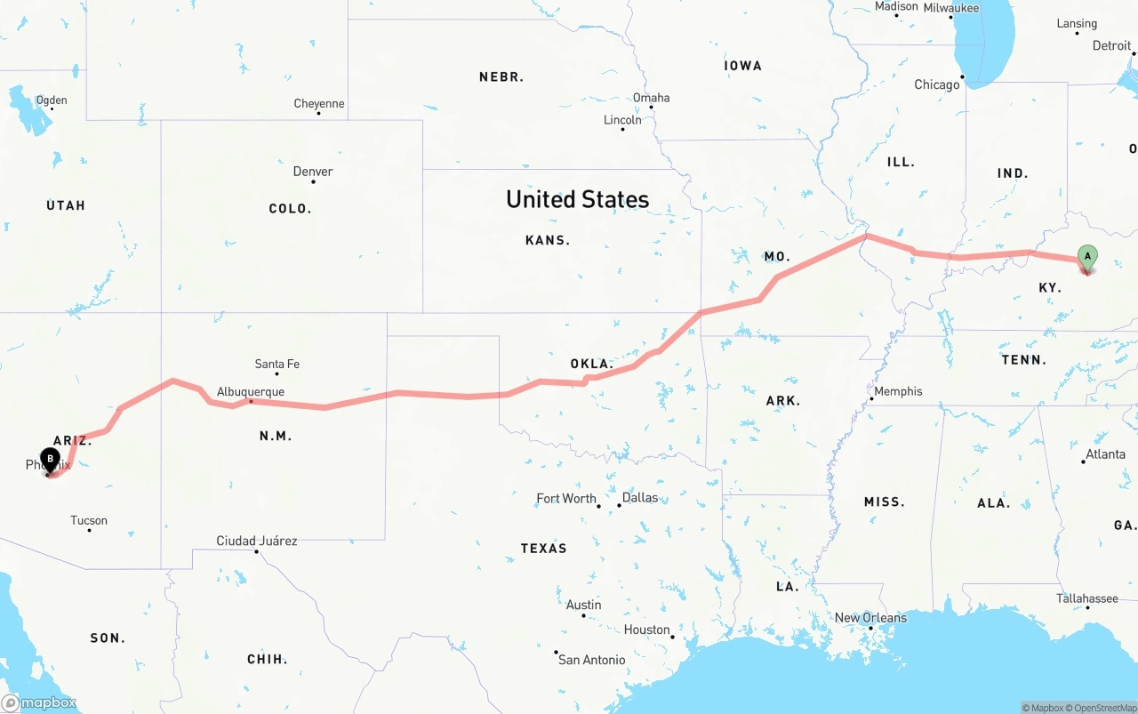 Shipping route from Kentucky to Phoenix Sky Harbor International Airport