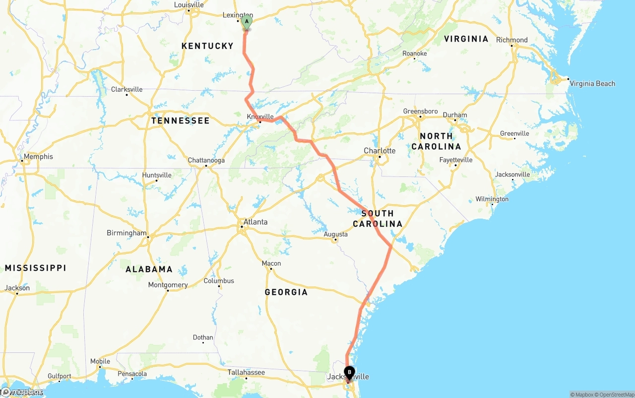 Shipping route from Kentucky to Port of Jacksonville