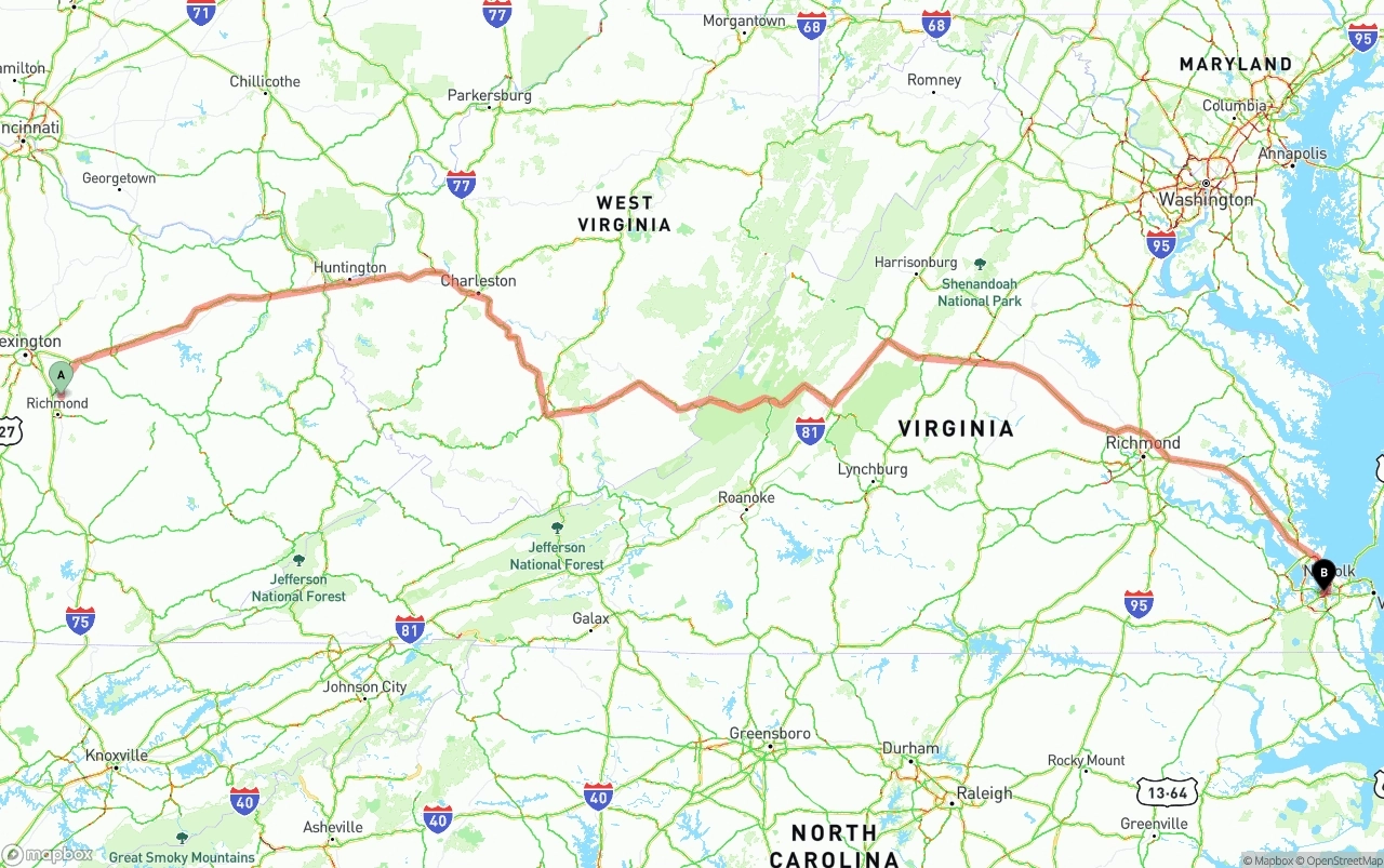 Shipping route from Kentucky to Port of Norfolk