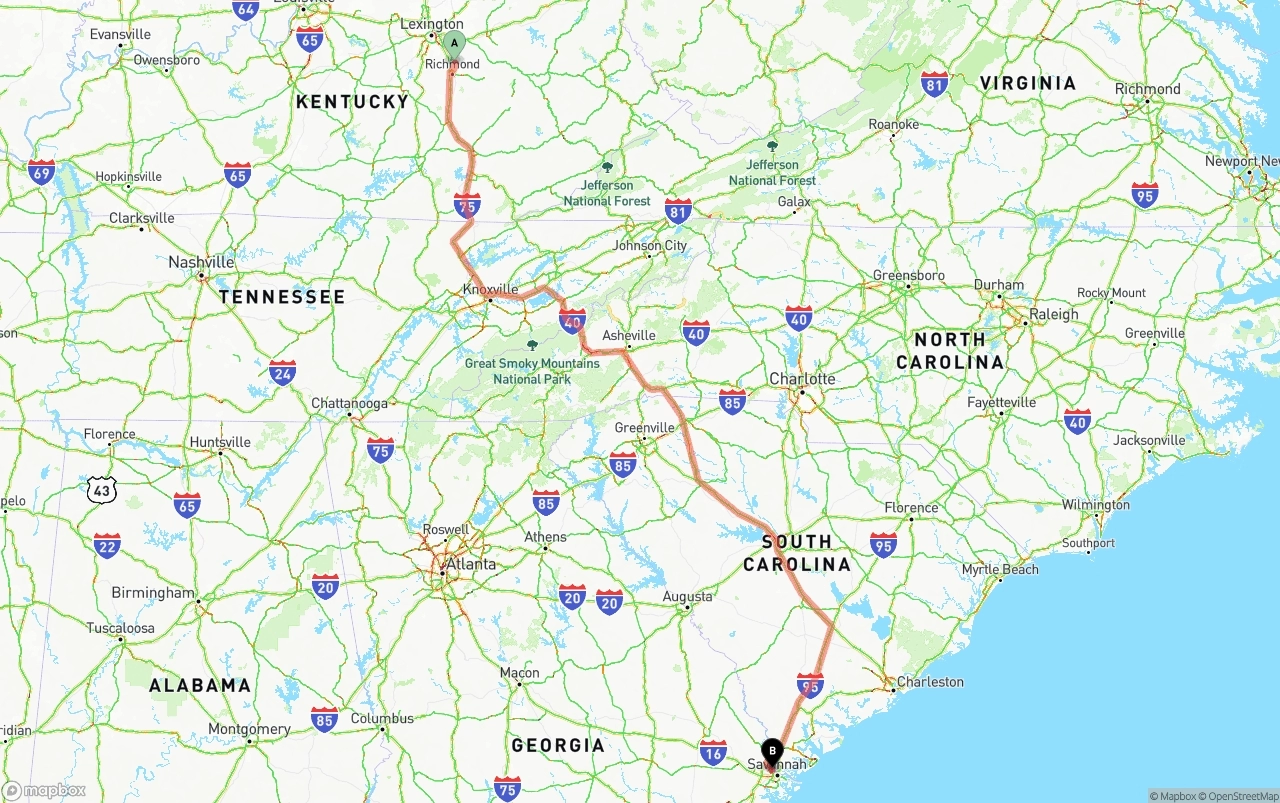 Shipping route from Kentucky to Port of Savannah