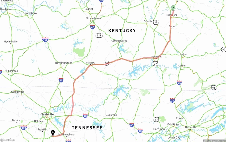 Kentucky to Tennessee freight shipping route map