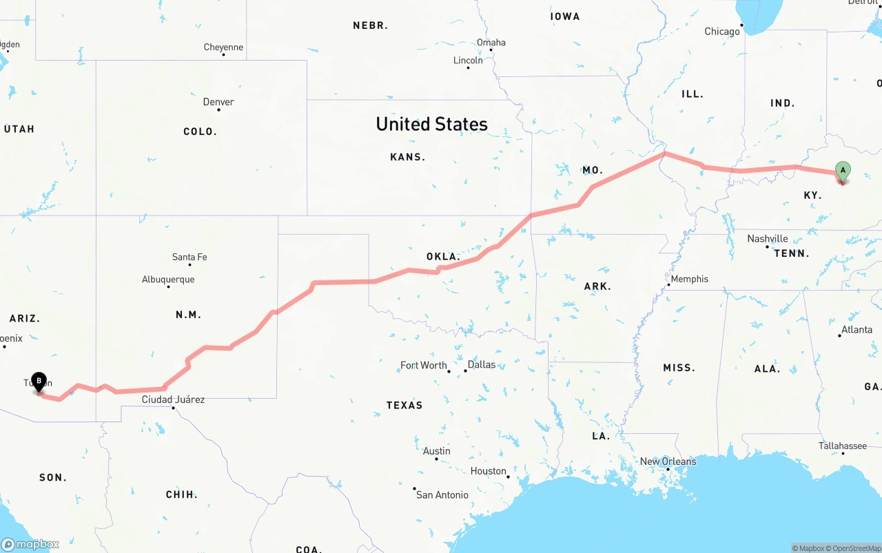 Shipping route from Kentucky to Tucson International Airport