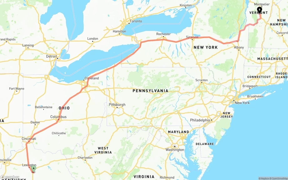 Kentucky to Vermont freight shipping route map