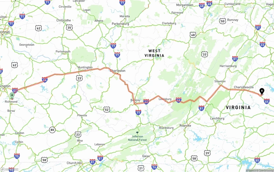 Kentucky to Virginia freight shipping route map