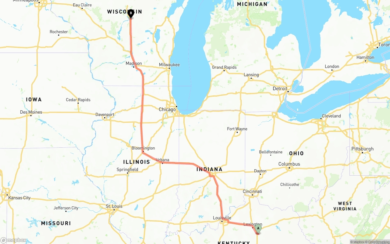 Shipping route from Kentucky to Wisconsin