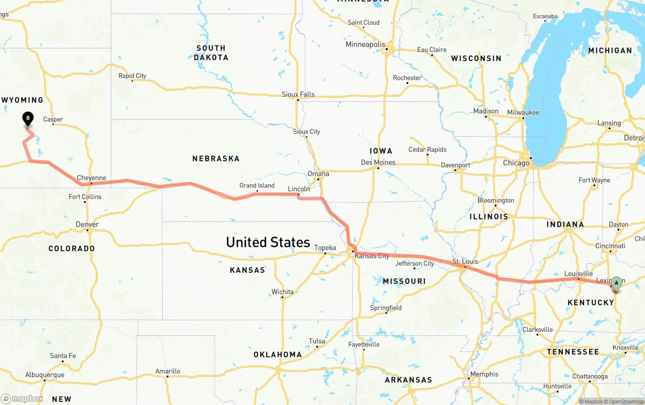 Shipping route from Kentucky to Wyoming