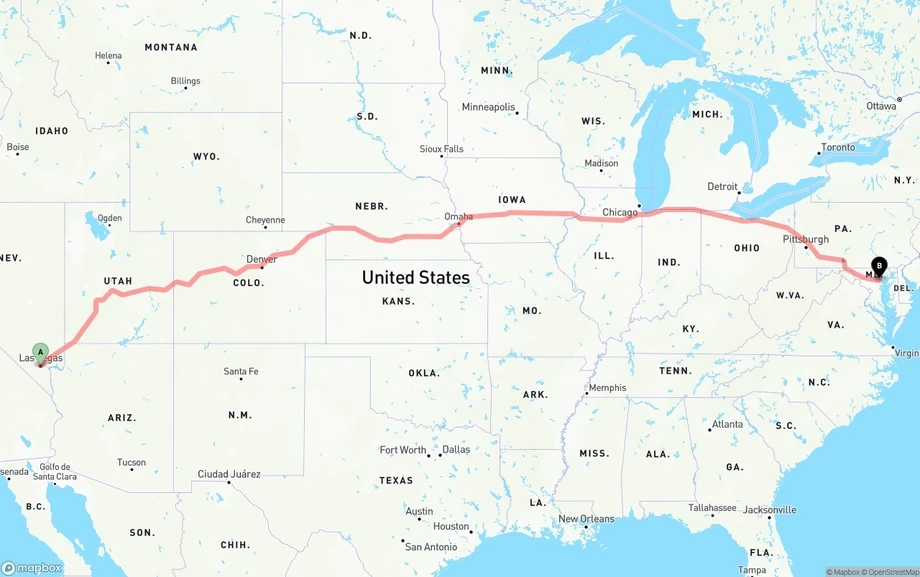Las Vegas to Baltimore freight shipping route map