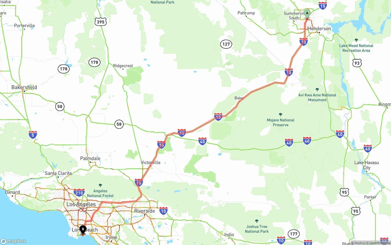 Shipping route from Las Vegas to Port of Long Beach