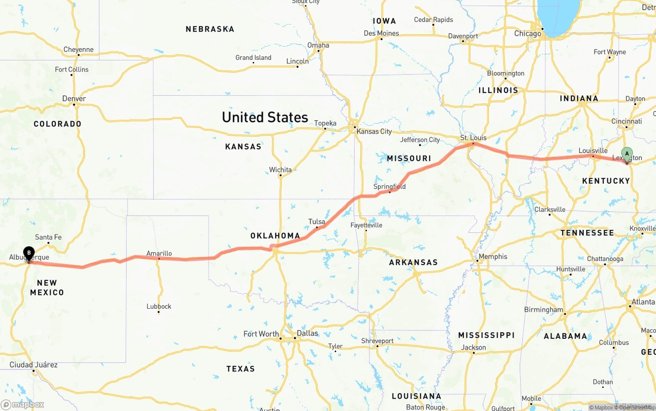 Shipping route from Lexington to Albuquerque