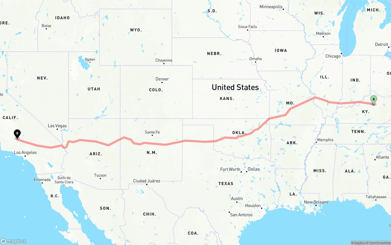 Shipping route from Lexington to Bakersfield