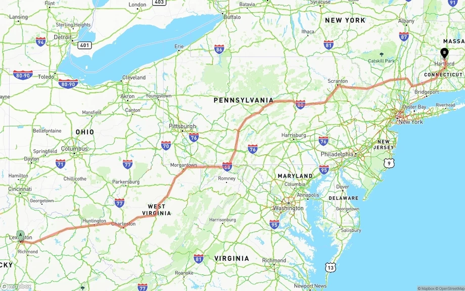 Lexington to Bradley International Airport freight shipping route map