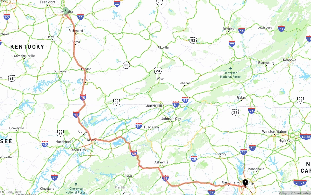 Shipping route from Lexington to Charlotte