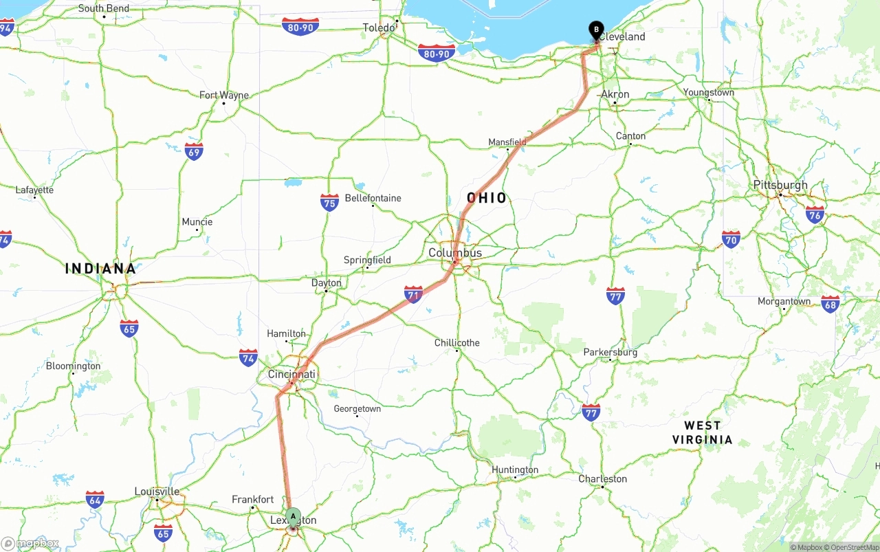 Shipping route from Lexington to Cleveland