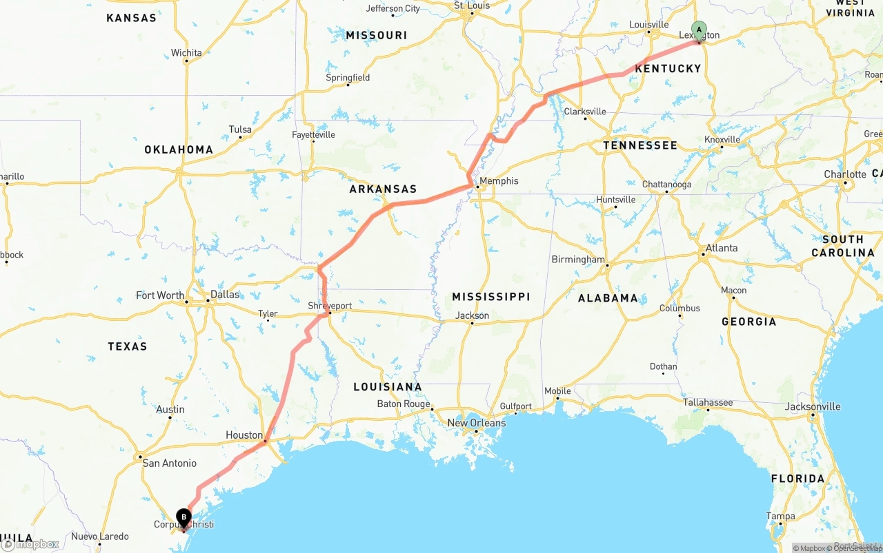 Shipping route from Lexington to Corpus Christi
