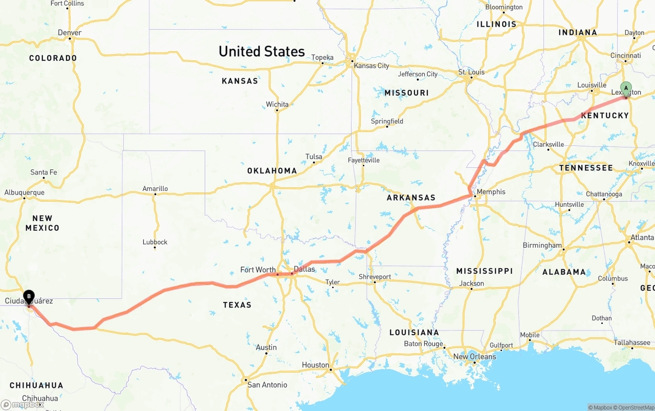 Shipping route from Lexington to El Paso