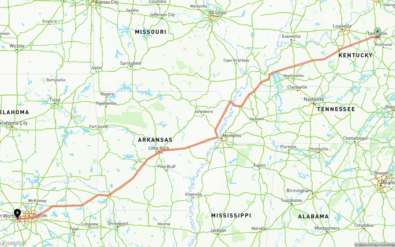 Shipping route from Lexington to Fort Worth