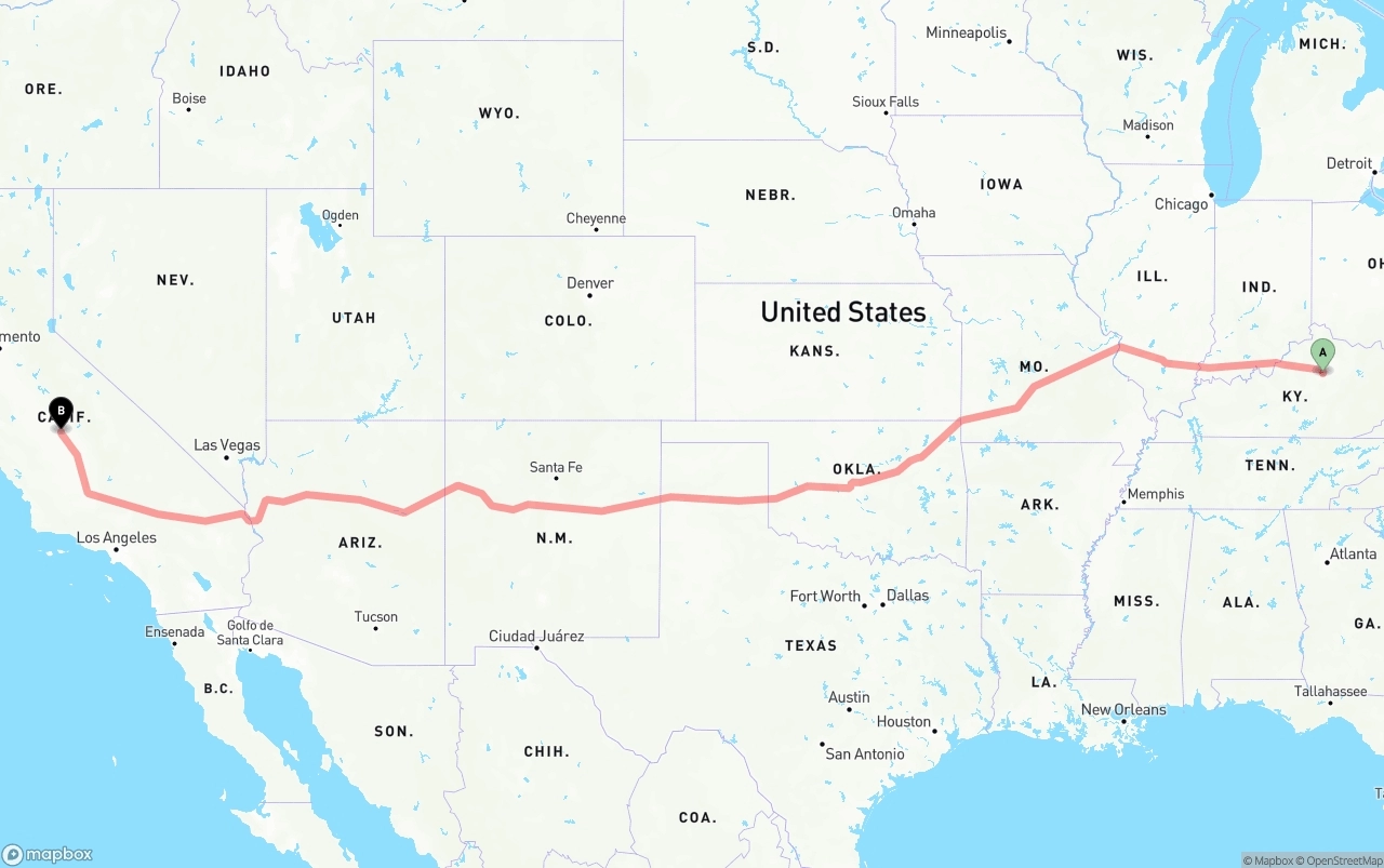 Shipping route from Lexington to Fresno