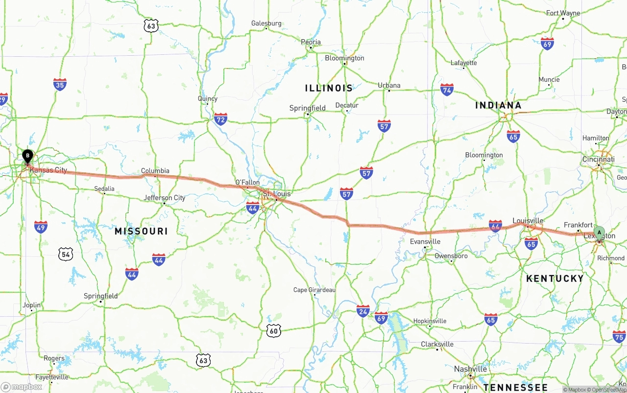 Shipping route from Lexington to Kansas City