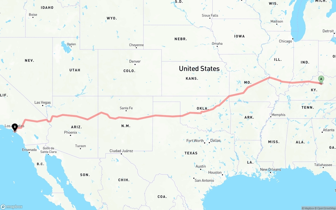 Shipping route from Lexington to Long Beach