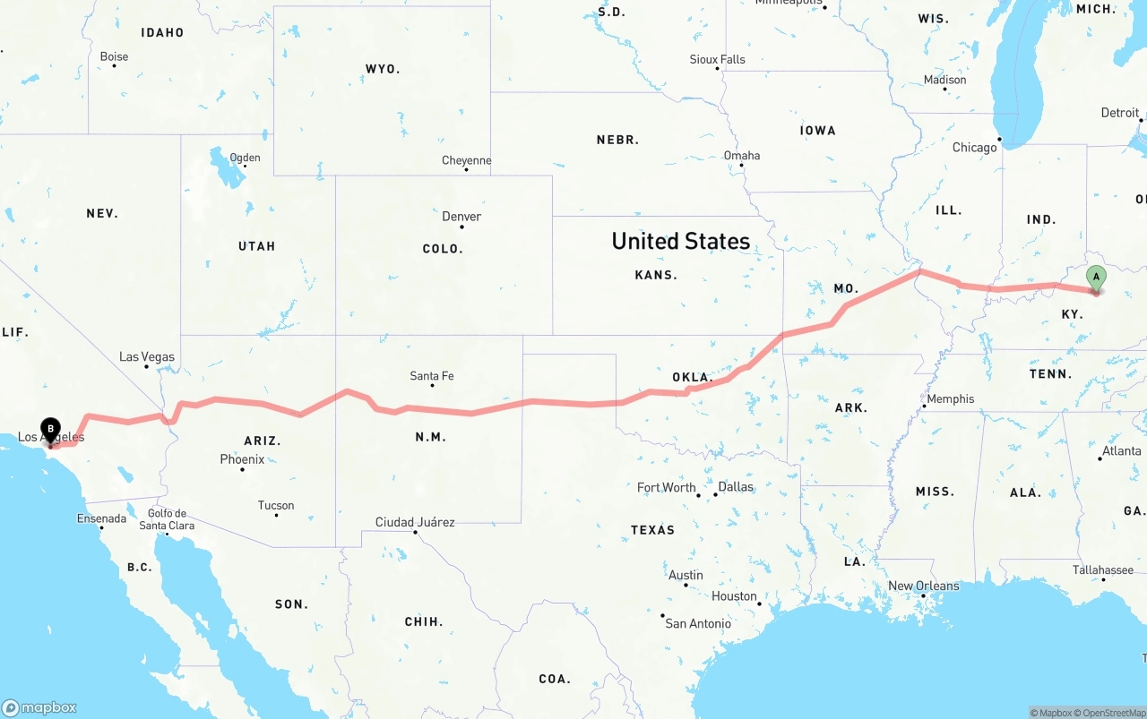 Shipping route from Lexington to Los Angeles