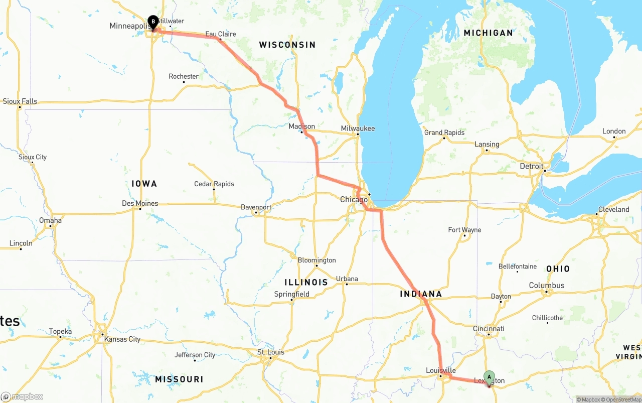 Shipping route from Lexington to Minneapolis