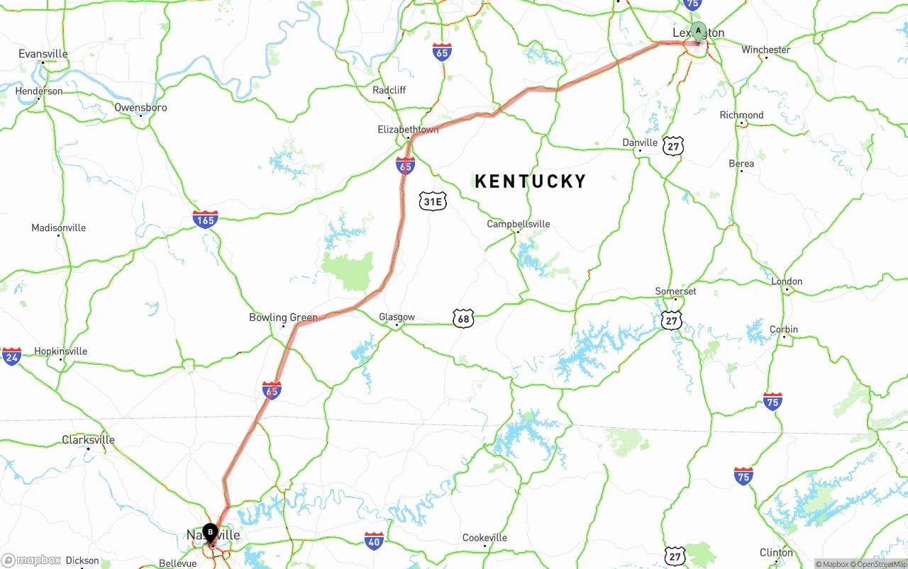 Shipping route from Lexington to Nashville