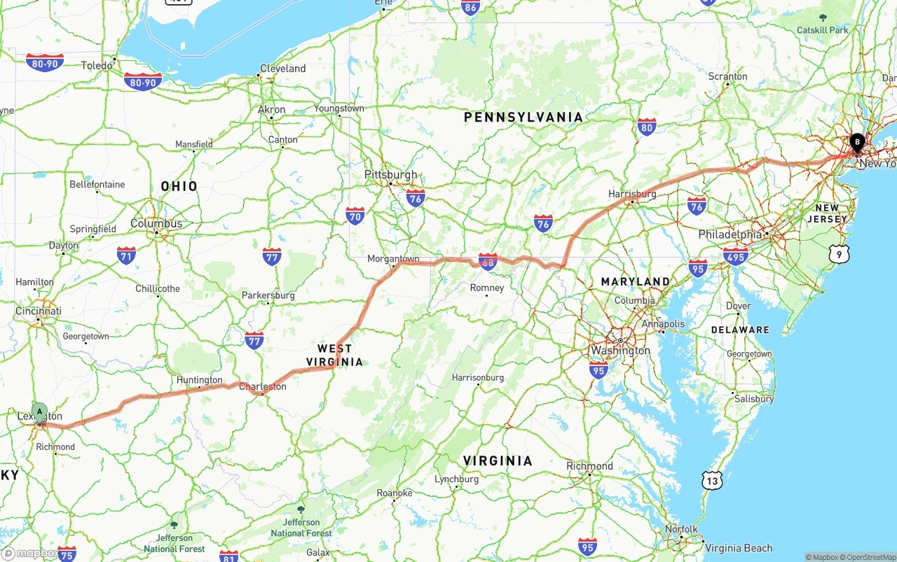 Shipping route from Lexington to New York City