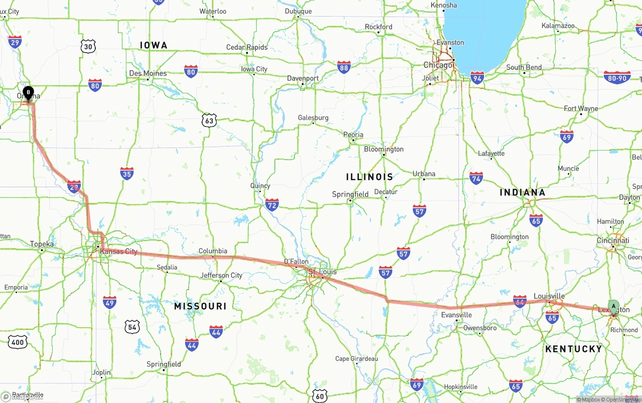 Shipping route from Lexington to Omaha