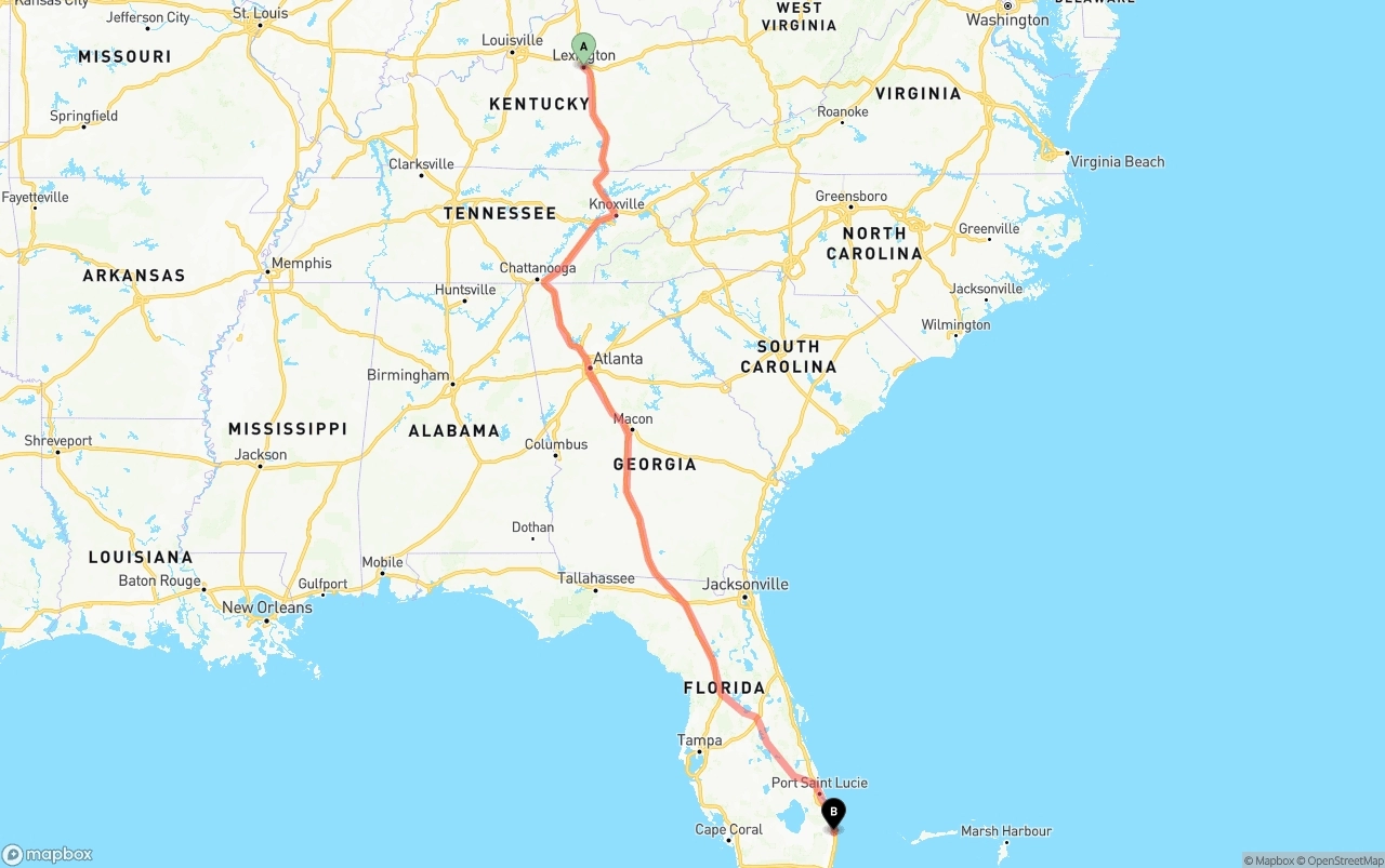 Shipping route from Lexington to Palm Beach International Airport