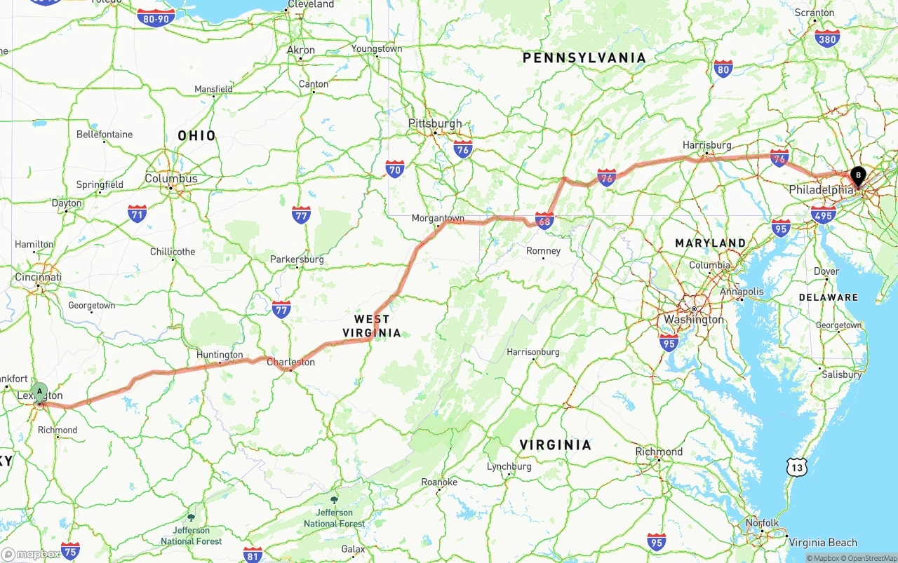 Shipping route from Lexington to Philadelphia