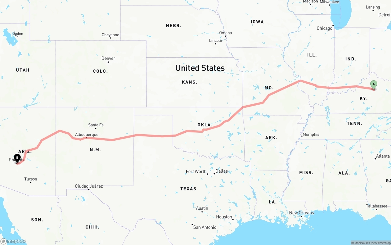 Shipping route from Lexington to Phoenix Sky Harbor International Airport