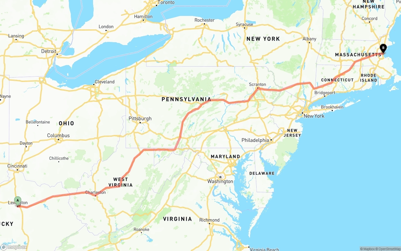 Shipping route from Lexington to Port of Boston