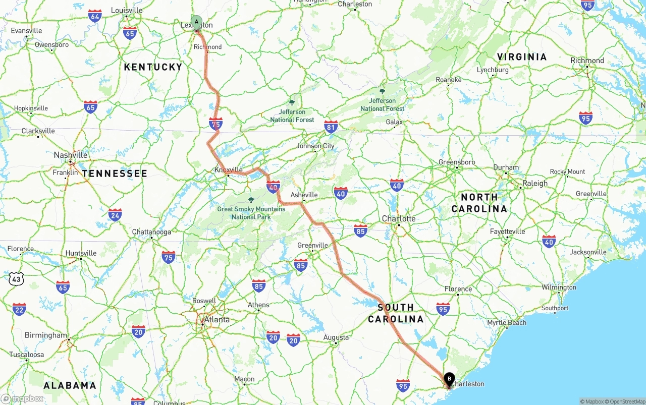 Shipping route from Lexington to Port of Charleston