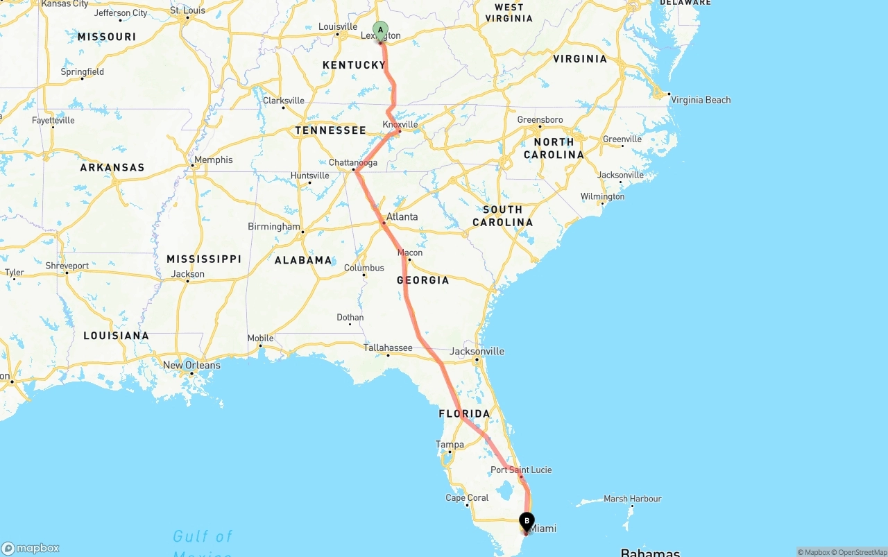 Shipping route from Lexington to Port of Miami