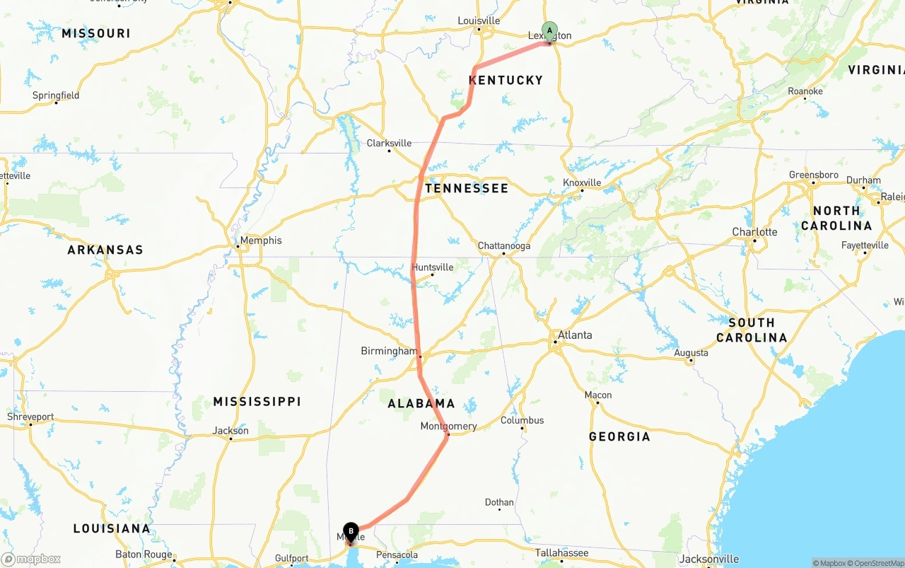 Shipping route from Lexington to Port of Mobile