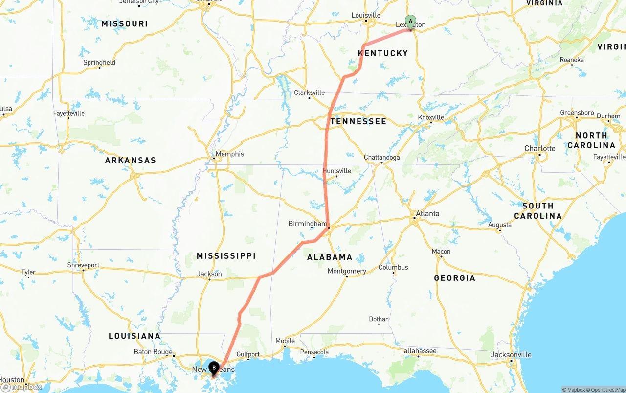 Shipping route from Lexington to Port of New Orleans