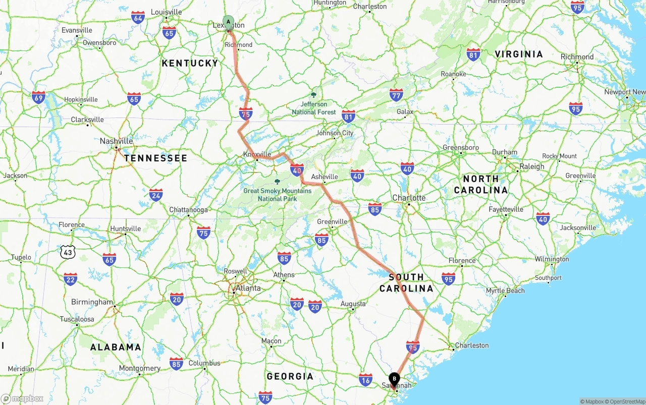 Shipping route from Lexington to Port of Savannah