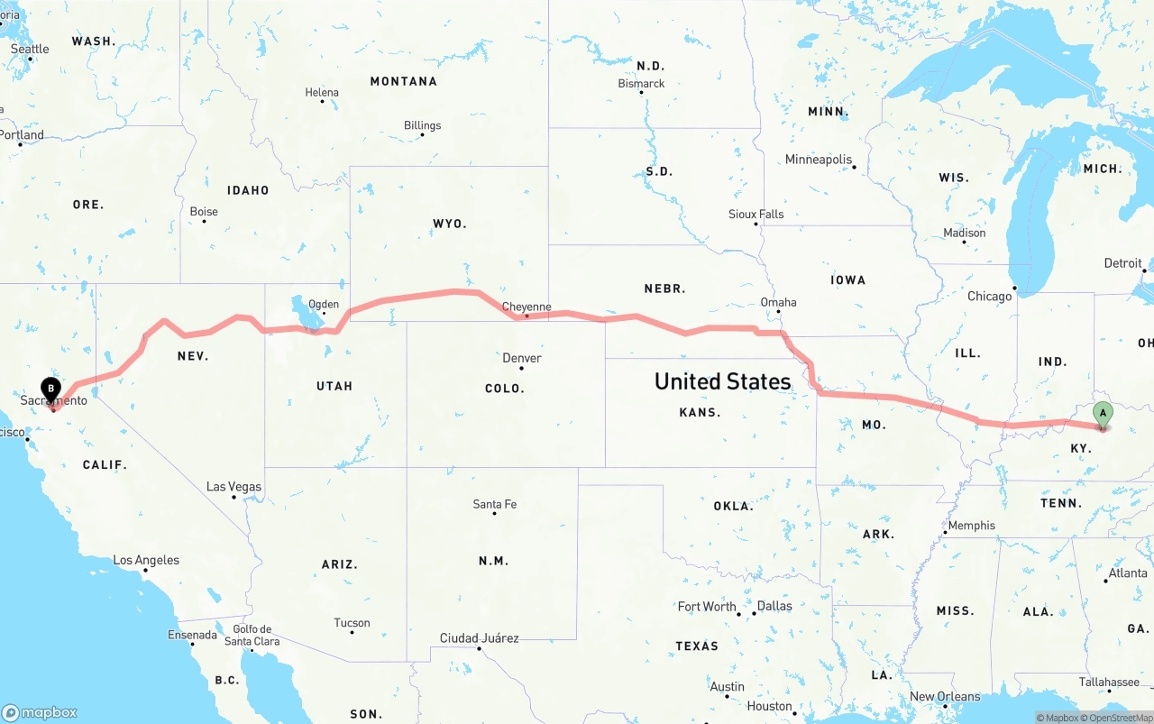 Shipping route from Lexington to Sacramento International Airport