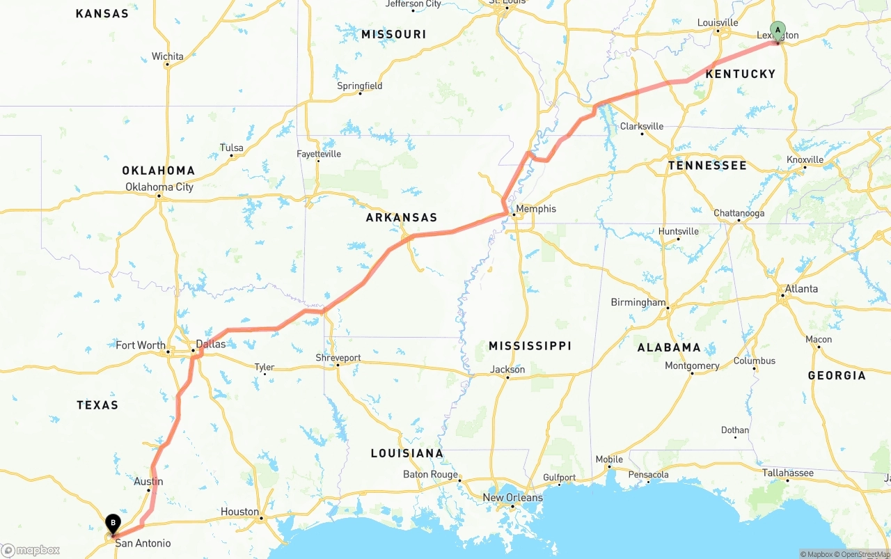 Shipping route from Lexington to San Antonio