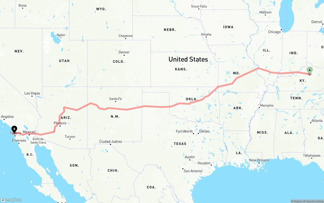 Shipping route from Lexington to San Diego