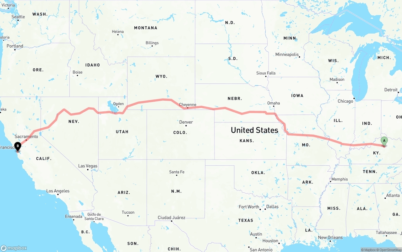Shipping route from Lexington to San Francisco International Airport